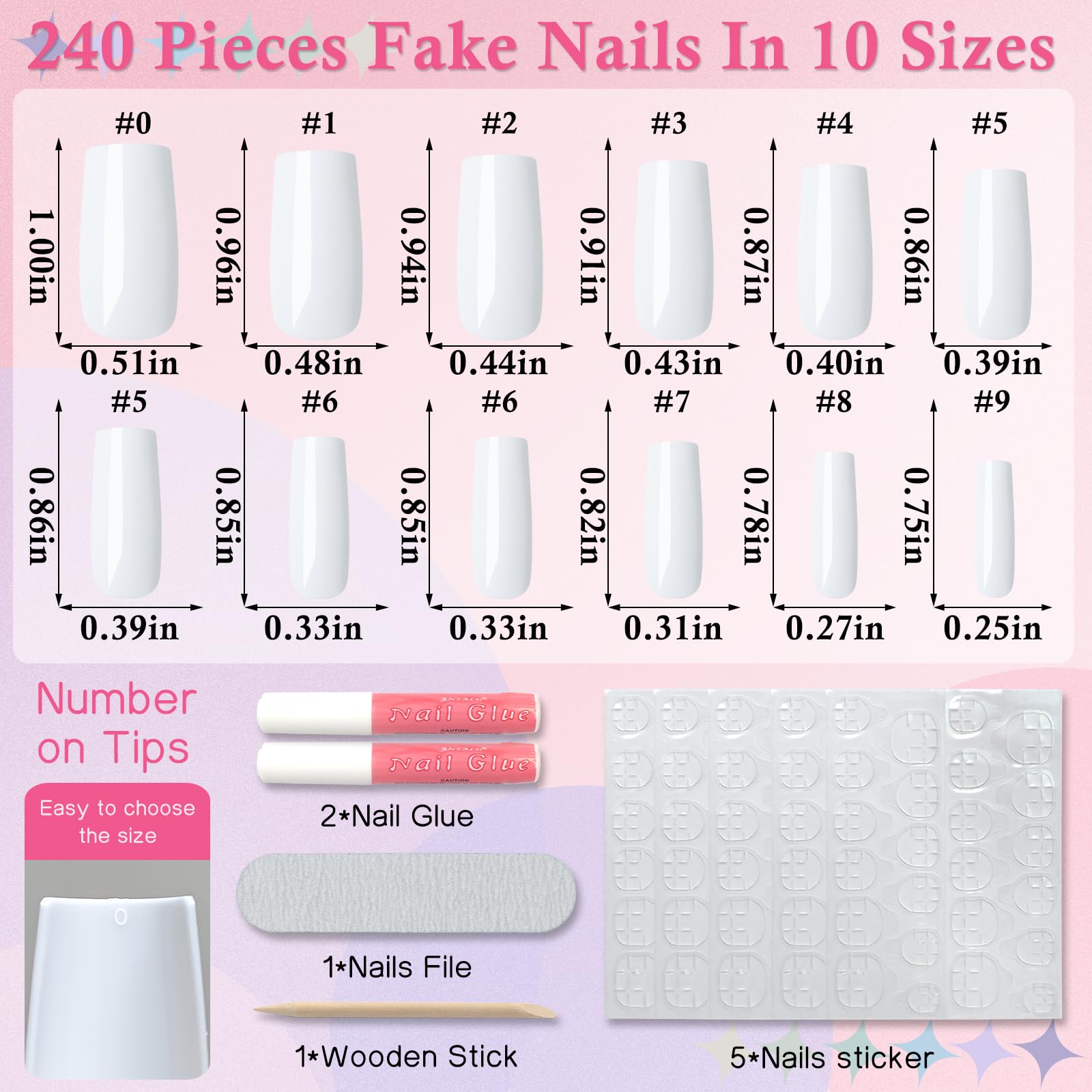 LuckForever 240pc White Square Press on Nails, Glue on Press on Nails, 10 Sizes, 1 Set, 240 Items, 240 Pieces, 1 Pack - Image 2