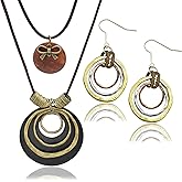 RechicGu Long Boho Leather Cord Hippie Fall Necklaces for Women with Ethnic Earrings Stacked Multi-circle Wooden Pendant Necklaces Vintage Round Handmade Boho Earrings Trendy Bohemian Jewelry for Women Gift