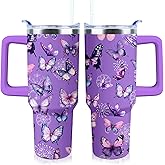 Butterfly Tumbler 40 oz Tumbler with Handle and Straw Lid Leak Proof - Butterfly Coffee Travel Mug with Handle Insulated for Hot and Cold Drink Ice - Christmas Birthday Gifts for Women Lovers Cup