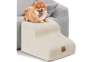 Mestuel Dog Stairs for Small Dogs Cats, Small Pet Stairs Steps, Foam 2-Tier Pet Stairs Steps for Couch Sofa, Dog Ramp Ladder Indoor with Nonslip Bottom &Washable Cover, Beige