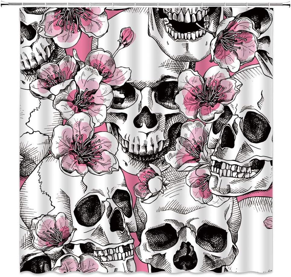 Floral Skull Shower Curtain Sugar Skull Skeleton Pink
