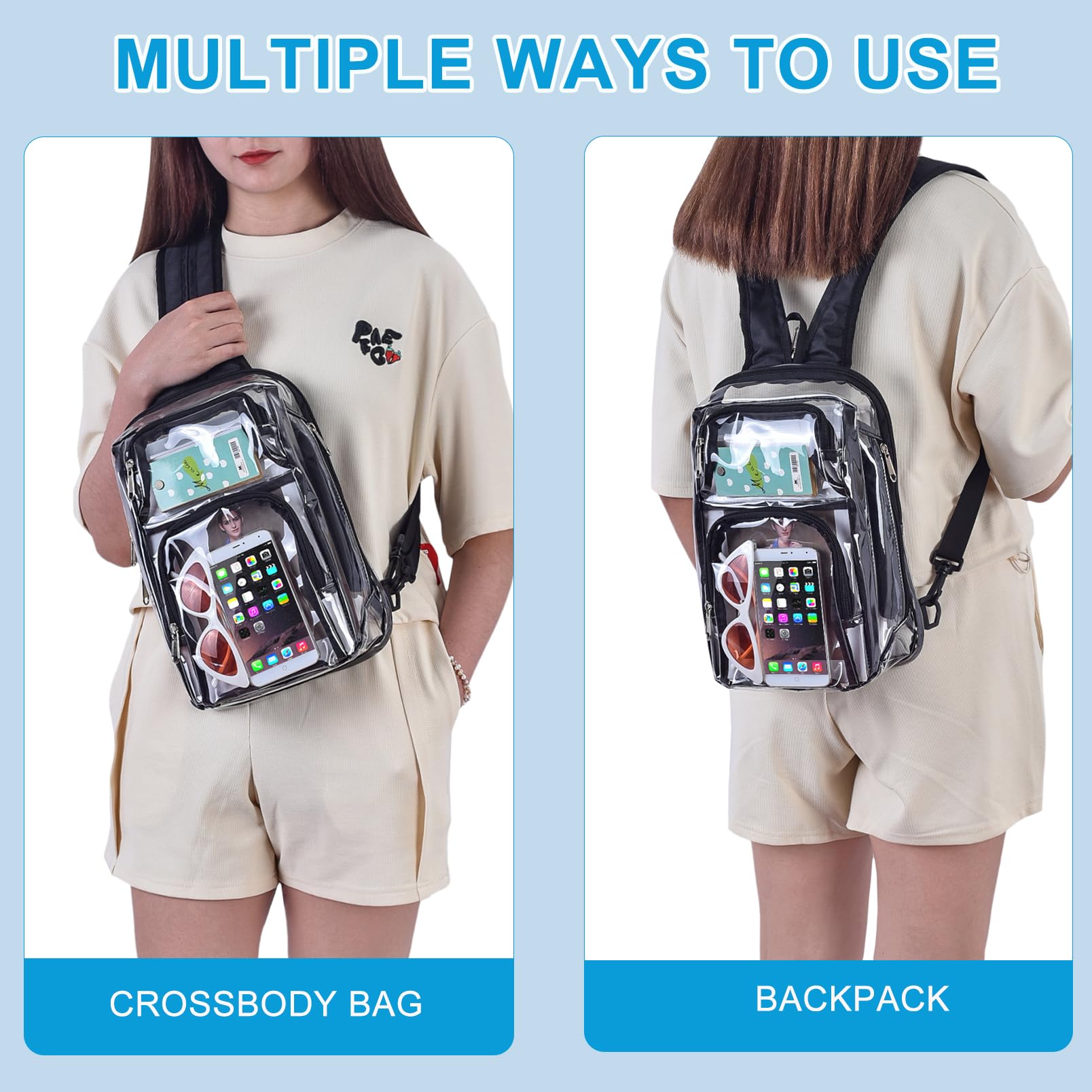 Clear Backpack Stadium Approved with Adjustable Reinforced Straps, 3 in 1 Clear Crossbody Bag for Festivals and Games (Black)