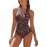 AI'MAGE Women's One Piece Swimsuit Tummy Control Halter Ruched Deep V Neck Bathing Suits