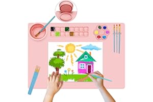 Qoolife Silicone Painting Mat with Cup, 23.6"*15.7" Silicone Art Mats for Crafts with 10 Brushes, 12 Color Dividers, Collapsible Erasable Washable Painting Mat for Kids (Pink)