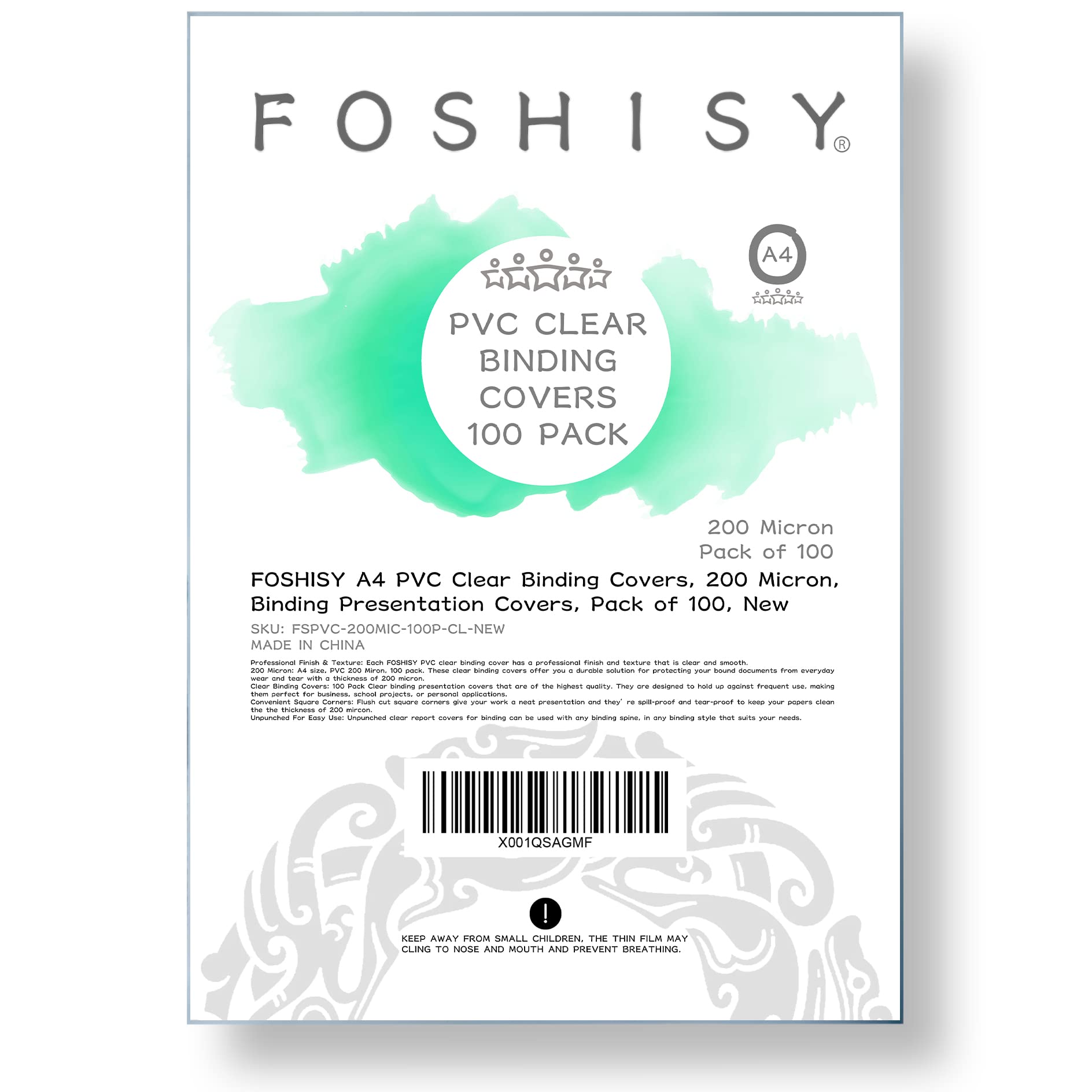FOSHISY A4 PVC Clear Binding Covers, 200 Micron, Pack of 100