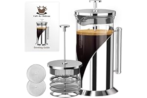 French Press Coffee Maker 34oz – Stainless Steel & Glass Coffee Press with 4-Level Filtration, BPA-Free Cafetiere for Camping