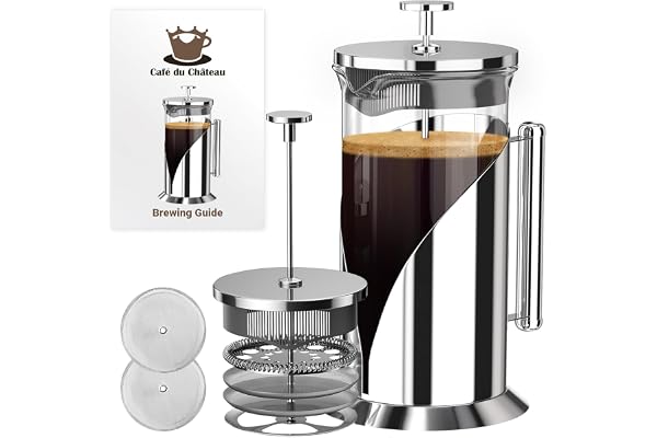 French Press Coffee Maker 34oz – Stainless Steel & Glass Coffee Press with 4-Level Filtration, BPA-Free Cafetiere for Camping