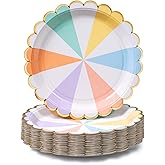 Confettiville Party Paper Plates, 50-Pack, Disposable Paper Plates, Gold Foil Scalloped Edge, Striped Pastel, 9-Inch