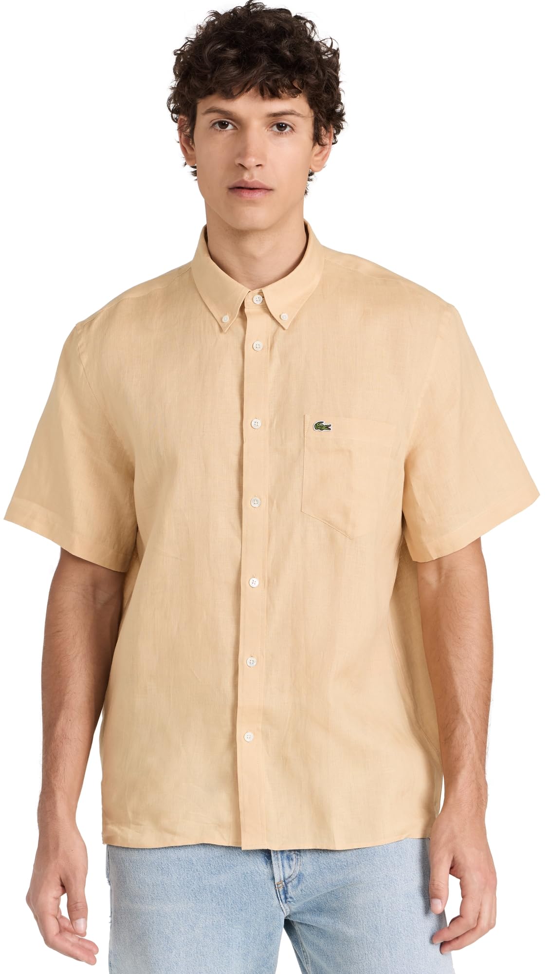 Lacoste Men’s Short Sleeve Regular Fit Linen Casual Button Down Shirt W/Front Pocket, Croissant, XL2XL