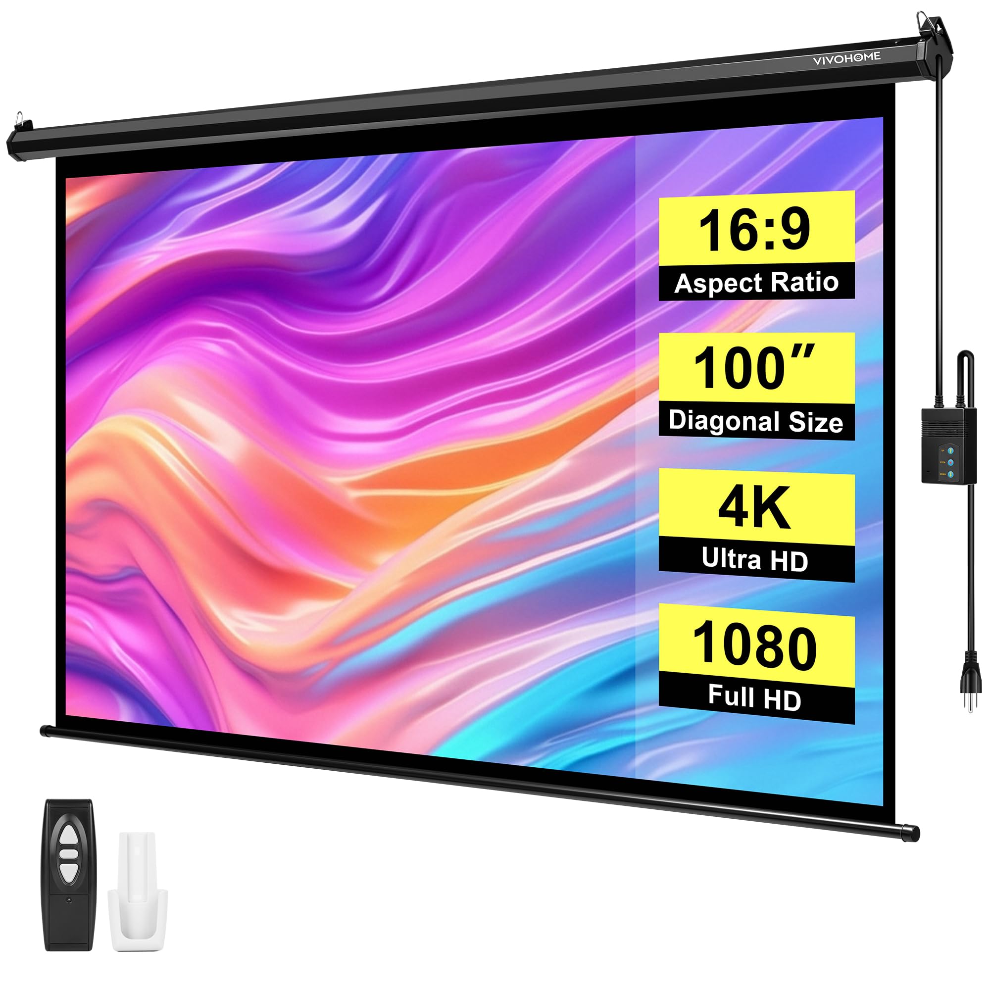 Photo 1 of ***minor damage on one end/damage to mounting bracket***VIVOHOME Motorized Projector Screen with Remote, 16:9 100 Inch Auto Electric Projection Screen, HD 4K Movie Screen for Home Theater, Cinema, Office (87 x 49 Black)