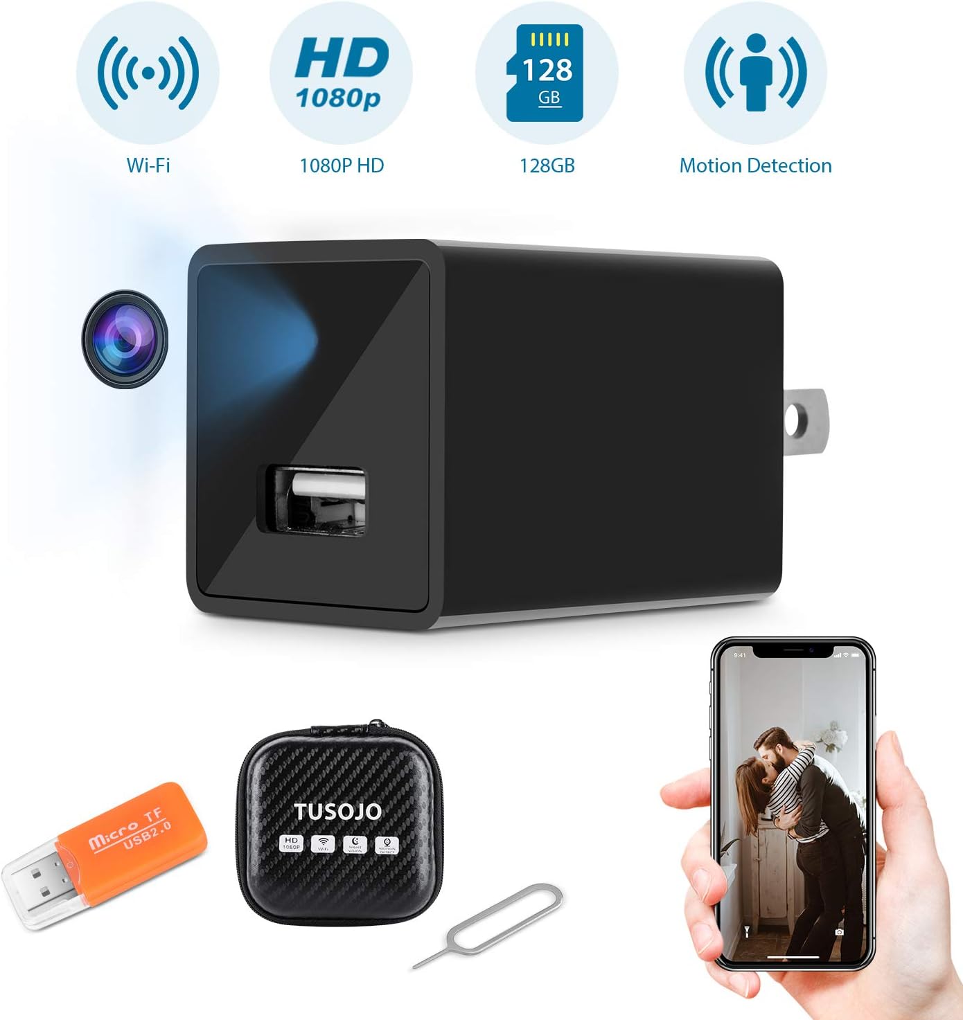 Hidden Camera Mini USB WiFi Camera Charger, 1080P Hidden Security Camera with Night Vision, Wide-Angle Wireless Camera with Motion Detection Alert, Remote View Baby Nanny Cam with Phone App