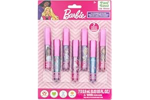 Barbie 7 Piece Plant Based Lip Gloss, Girls Party Favors, First Makeup Set for Girl, Perfect for Parties, Sleepovers, and Birthday Gifts, Ages 3+, by Townley Girl