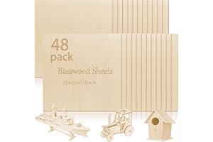 VEMKYRIO 48 Pcs Basswood Sheets Plywood, 12 x 12 x 1/8 Inch - 3mm Thick Unfinished Wood Board for Crafts for Laser Cutting & Engraving, School DIY Projects, Painting, Fretwork, CNC Cutting, and Wood Burning