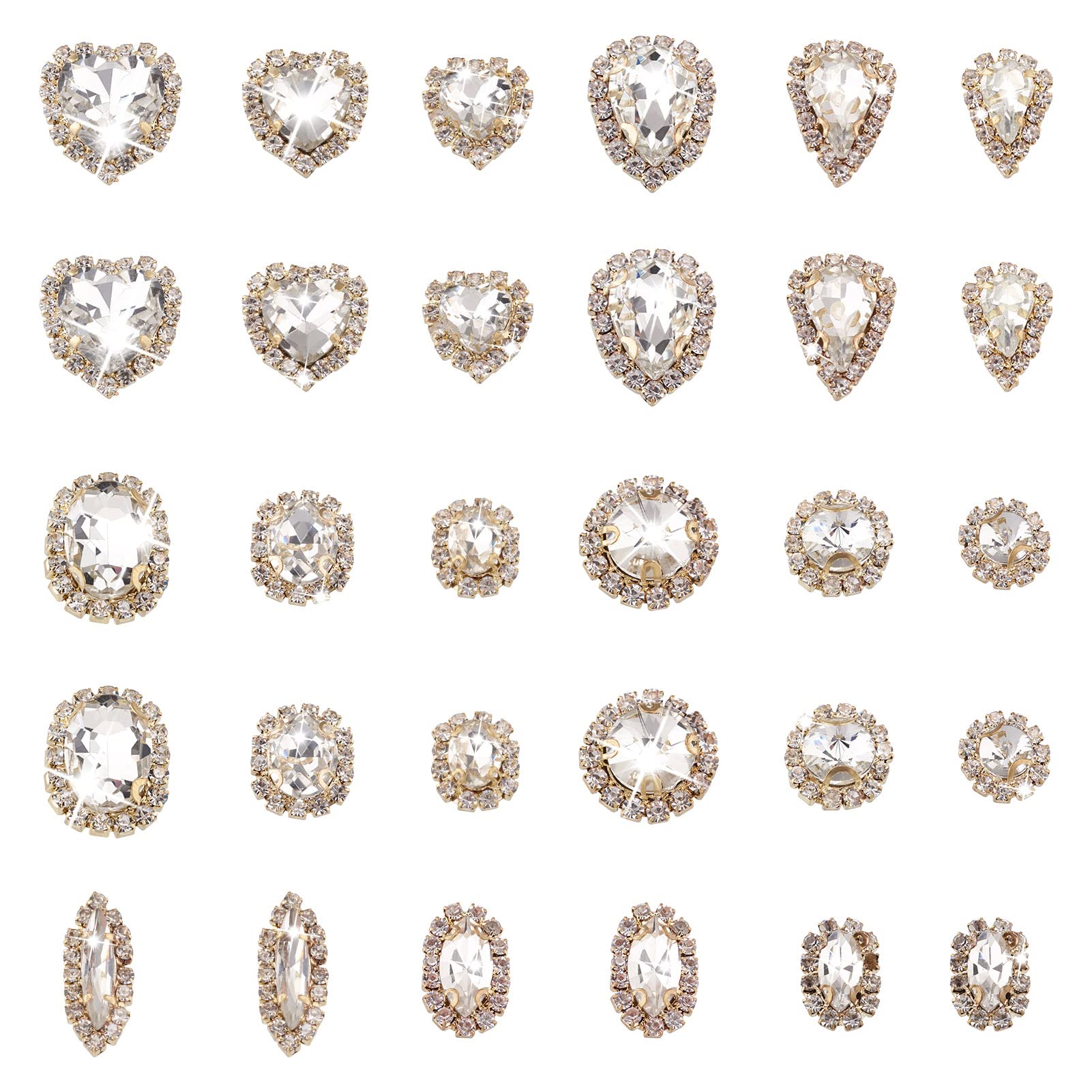 Pandahall 60Pcs Sew on Rhinestone Heart Teardrop Horse Eye Round Crystal Glass Gems Flatback Claw for DIY Crafts Dress Clothes Shoes Bag Decor Jewelry Making