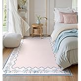 Seavish Pink Floral Rugs for Bedroom Girls, 5x7 Area Rugs for Living Room, Soft Washable Scalloped Nursery Rug, Boho Farmhouse Non-Slip Low Pile Carpet Rug for Kids Playroom Dining Room Office