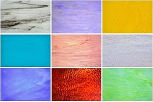 wecrejoni 9 Sheets Variety Stained Glass Sheets, 4 X 6 inch Large Cathedral Glass Mosaic Tiles for Crafts,Art Glass Kit, Stained Glass Supplies