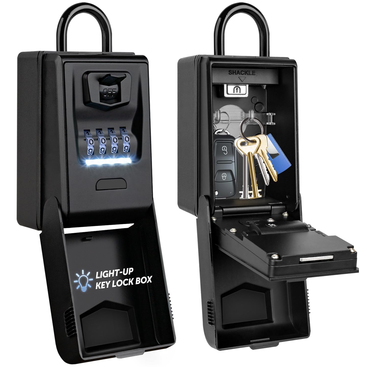 ENONEO Portable Key Safe with Shackle, Outdoor Light Up Key Lock Box Waterproof High Secure Key Safe Large Combination Key Storage LockBox for Keys Home Office Garage School