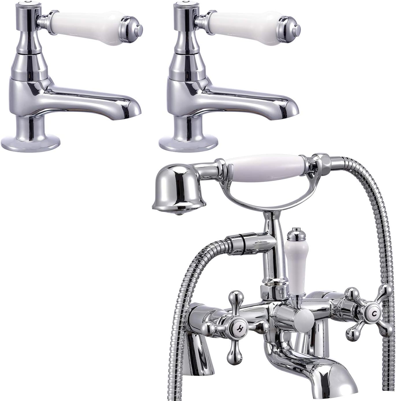 Funime Victoria Traditional Bathroom Bath Shower Taps Handheld And Basin Taps Pairs With Uk Standard Fittings