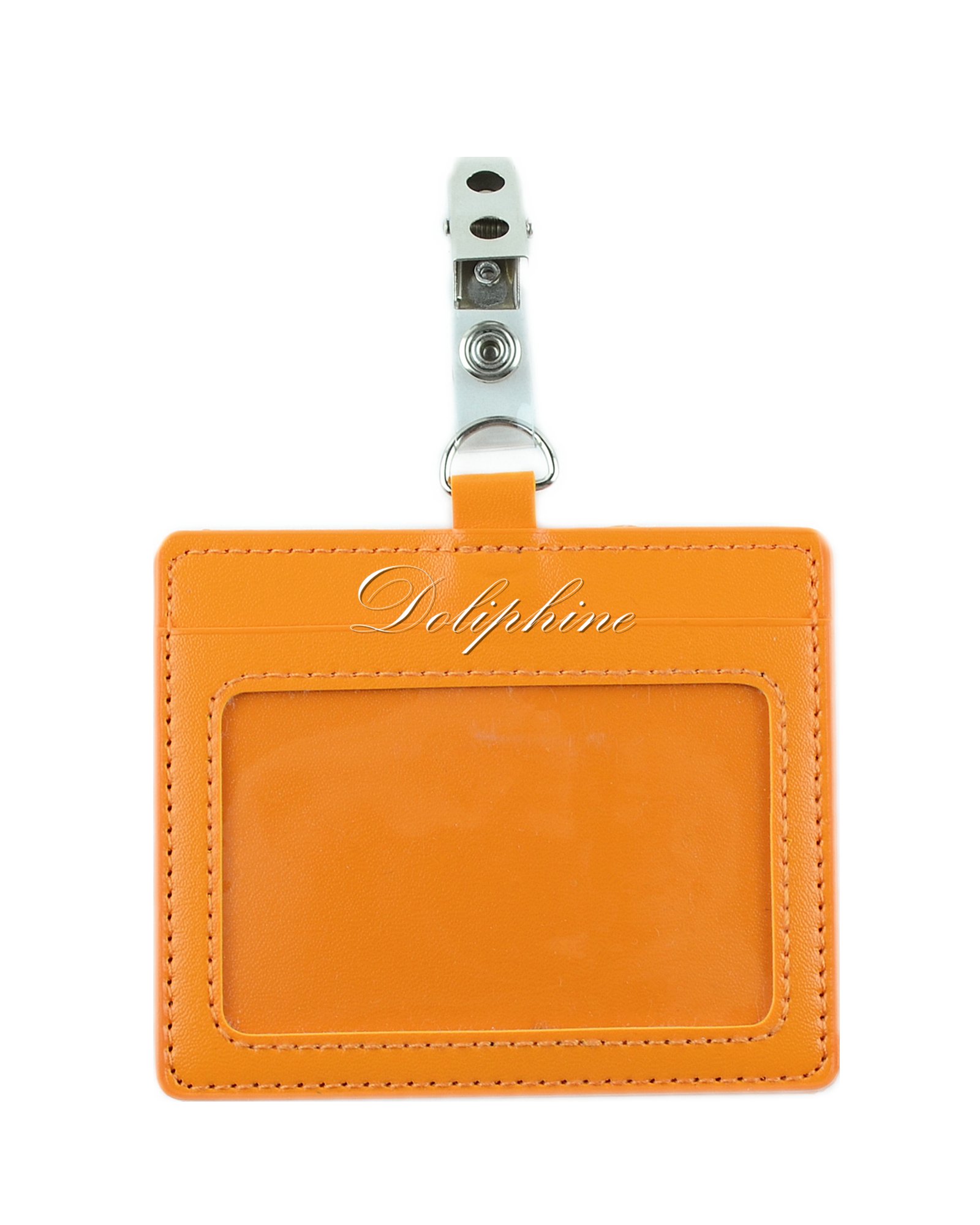 Horizontal Deluxe Durable PU Leather ID Badge Holder with 1 ID Window and 1 Card Slot and Alligator Clip (Orange)