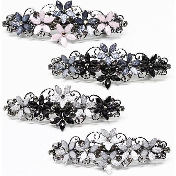 Ipink Haarklammer Mit Französischem Blumen-Design – Grau, Metallfarben, Verziert Mit Zirkonsteinchen