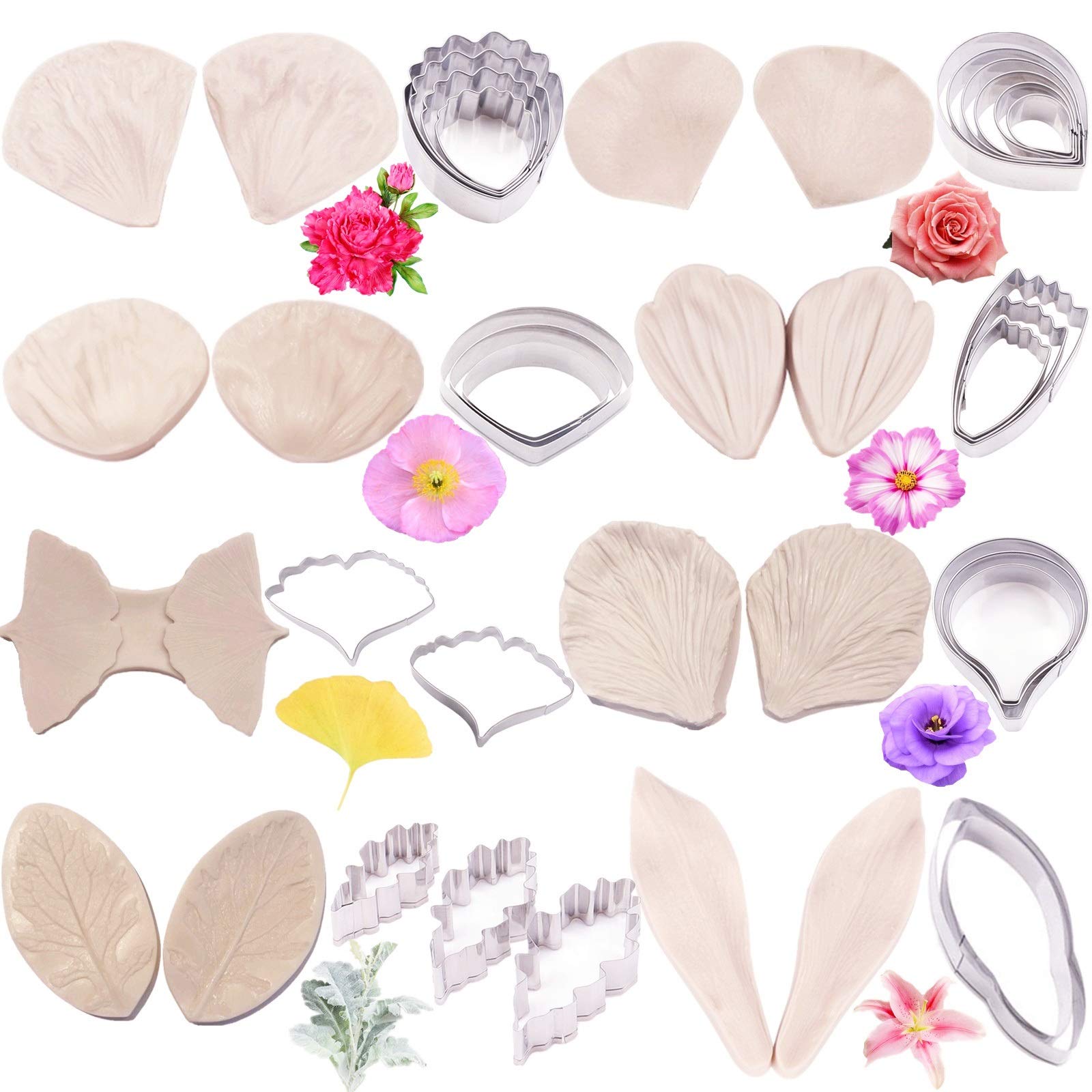 16set Gum Paste Flower Tools - 8set Gumpaste Flower Silicone Mold and 8set Stainless Steel Fondnat Cutter Gumpaste Cookie Cutter Sugarcraft Making Tools for Wedding Cake Decorating