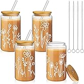 Mumufy Gift for Women Cute Glass Cup Tumbler Flower Iced Coffee Mugs 16 oz Glass with Bamboo Lid & Straw, Mothers Day Birthday Gift for Mom Sister Bridesmaid Baby Shower(4 Pack,Boho Floral)