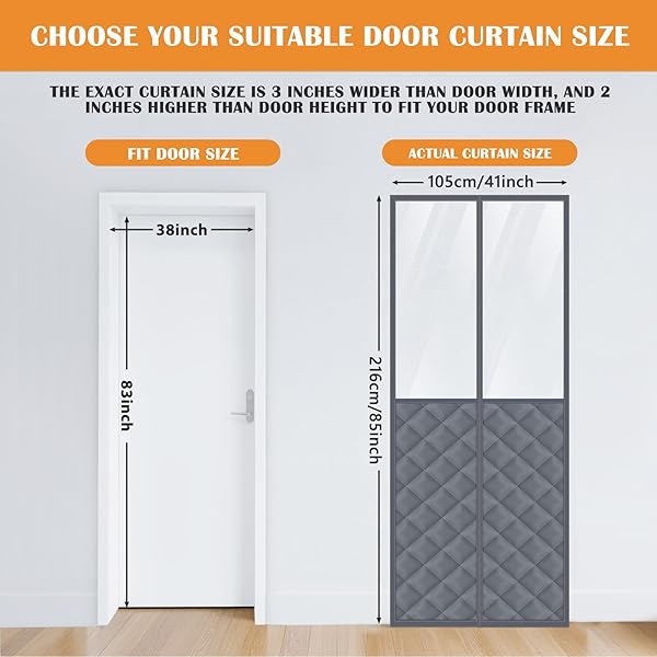 FANFANWIN 2 SETS MAGNETIC THERMAL INSULATED CURTAINS FOR 30″ X 80″ DOORS WITH CLEAR WINDOW WINTER THICKEN QUILTED OXFORD COTTON WATERPROOF DOOR COVER FOR COLD WEATHER(GRID, TRANSPARENT GRAY)