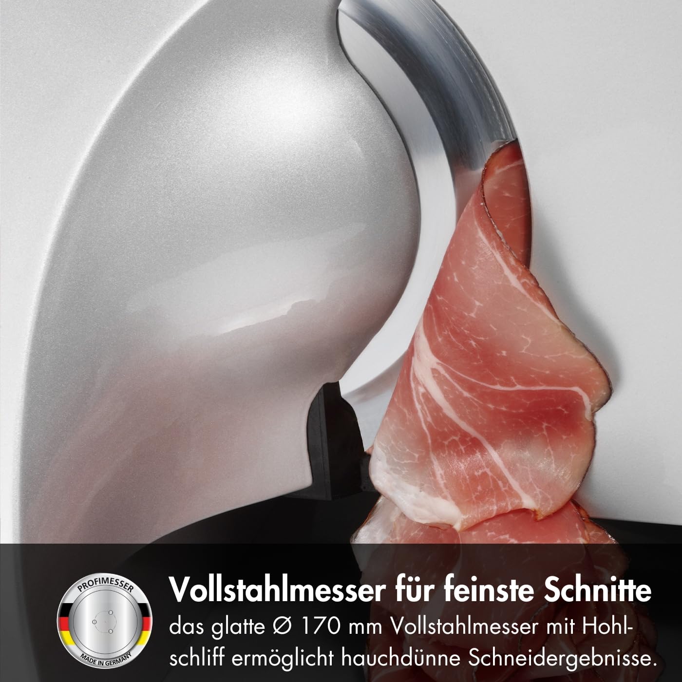 GRAEF. Master M20 - Elektrischer Allesschneider, Made in Germany, Vollstahlmesser Ø 170 mm für feinste Schnitte, Schnittstärke 0-20 mm, Kondensatormotor 170 W, Vollmetall, Schneidemaschine, Silber 4