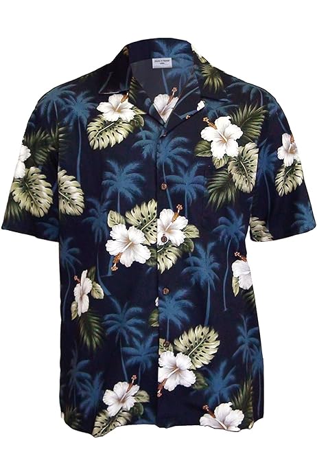 Pacific Legend Men's White Hibiscus Monstera Aloha Shirt, Navy