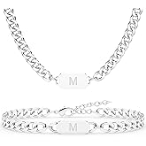 Aospkle 2PCS Initial Letter Cuban Necklace Bracelet, A-Z Letter Pendant Silver Cuban Link Chain for Men Women Jewelry Set for S