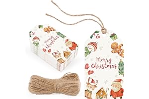 Whaline 100 Pcs Christmas Cartoon Paper Gift Tags Blank Tags Xmas Tree Santa Gingerbread Reindeer Hanging Labels with Hemp Ro