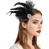 CURASA 1920s Flapper Headpiece Headband Great Gatsby Feather Hairband For Women Rhinestone Hair Accessoreis Showgirl Dresses Vintage Tassel Costume Outfits Roaring 20's Black Elastic Head Chain Party
