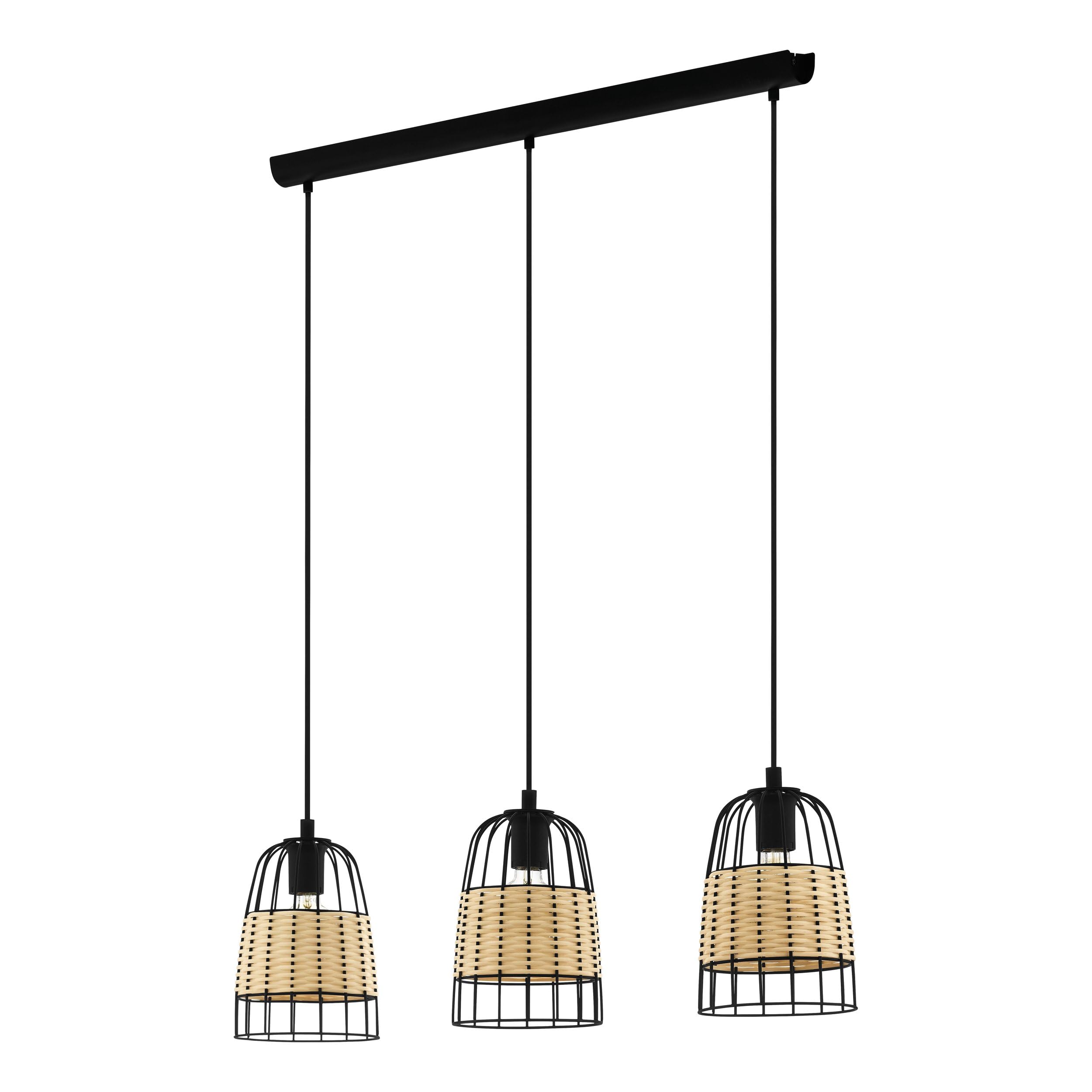 EGLO Anwick Pendant Light, 3-Bulb Vintage Boho Pendant Light Made of Steel and Rattan, Dining Table Lamp, Living Room Lamp, Hanging in Black, Natural, E27 Socket