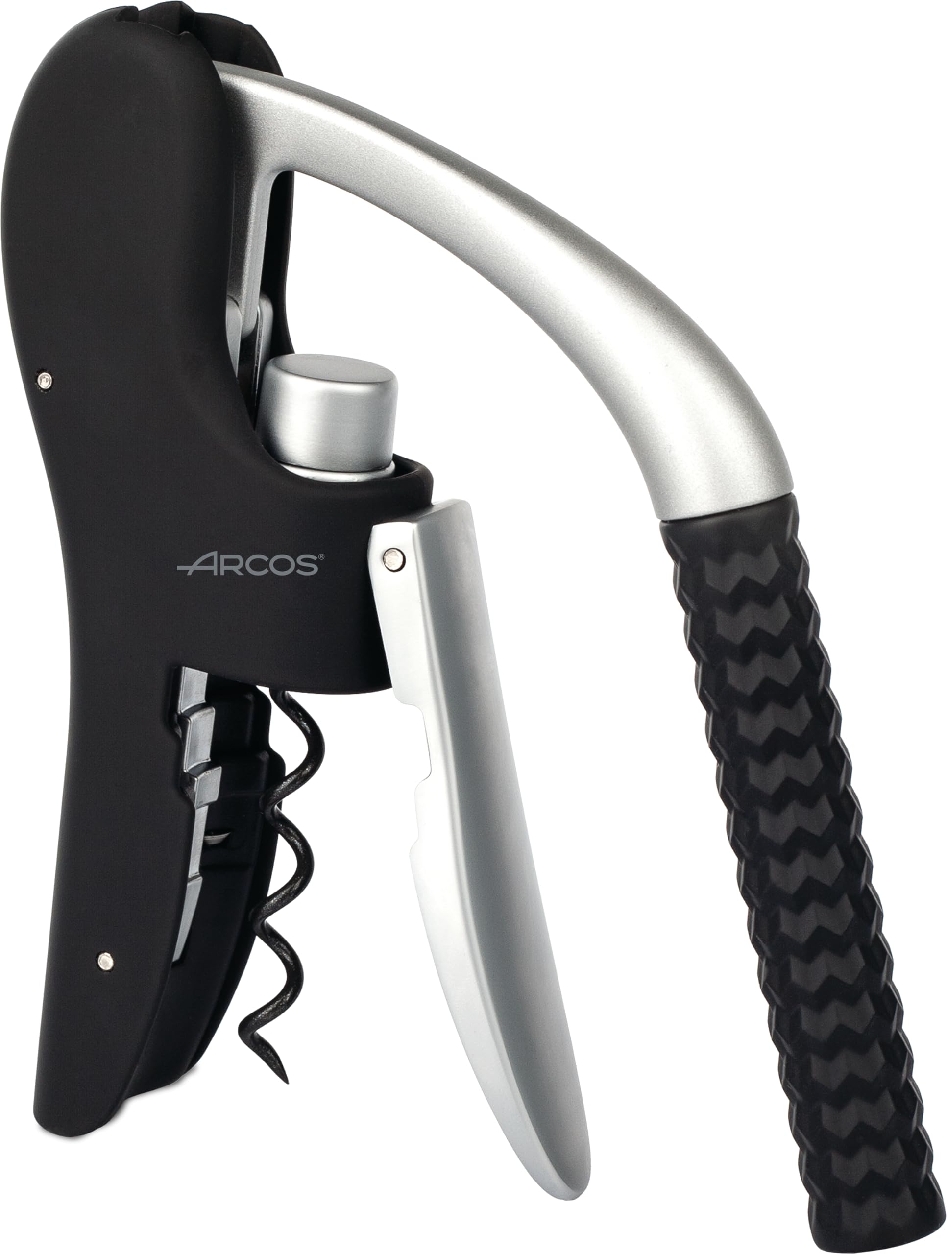 Arcos Accessories - Corkscrew Bottle Opener - Handle ABS and Made of Zinc Alloy + Elastomer Black and Grey Color