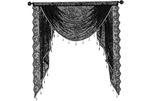 Waterfall Valance with Bead Tassels 39x41 Vintage Floral Black Lace Valance Curtains Semi Sheer Gothic for Halloween Bedroom