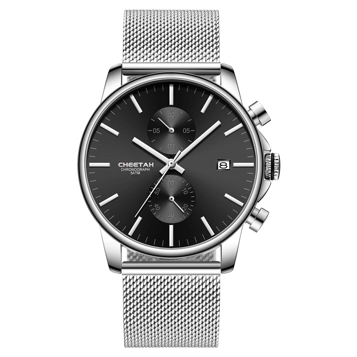Men's Watches Fashion Sport Quartz Analog Black Mesh Stainless Steel Waterproof Chronograph Wrist Watch, Auto Date (Silver Black)