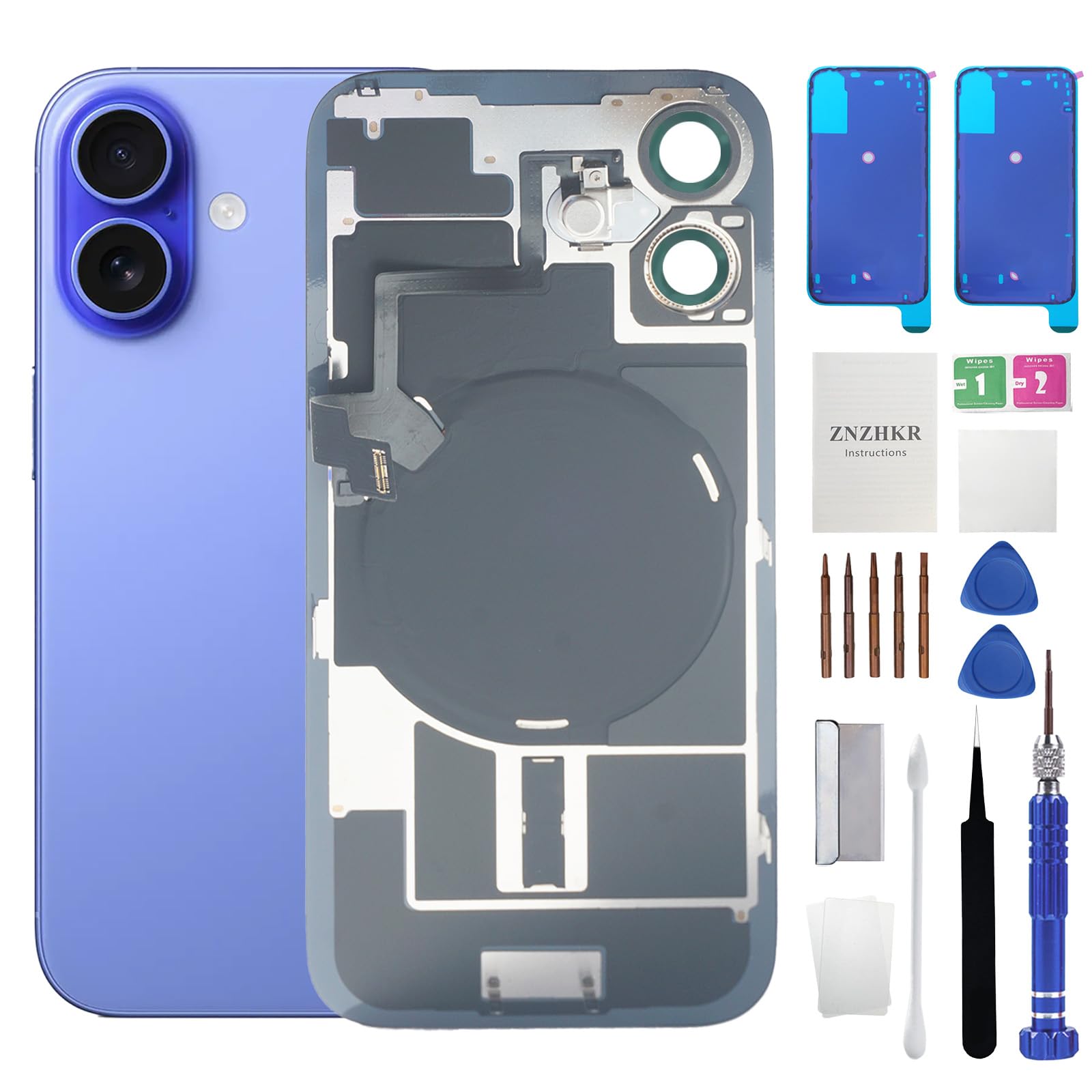 16 Plus Back Glass Replacement with Wireless Charging Flex Cable and Camera Frame All Parts for iPhone 16 Plus(6.7 Inch,Ultramarine) Replacement of Equipment Waterproof Tape