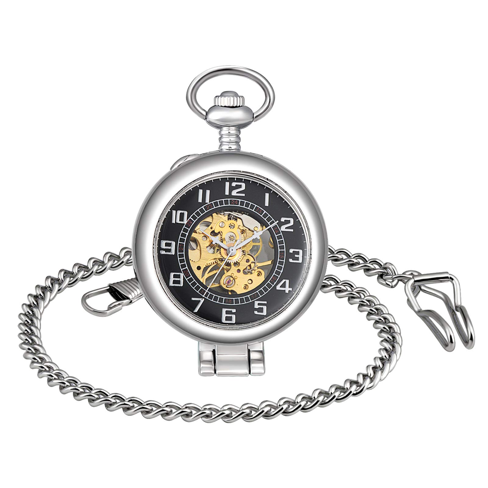 Infinite U Black Arabic Numerals Right Angle Magnifier Steel Mechanical Pocket Watch Pendant Necklace for Men/Women Silver