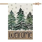 CROWNED BEAUTY Christmas House Flag 28x40 Inch Double Sided Large Burlap for Outside Welcome Pine Trees Holiday Yard Flag CF1105-40