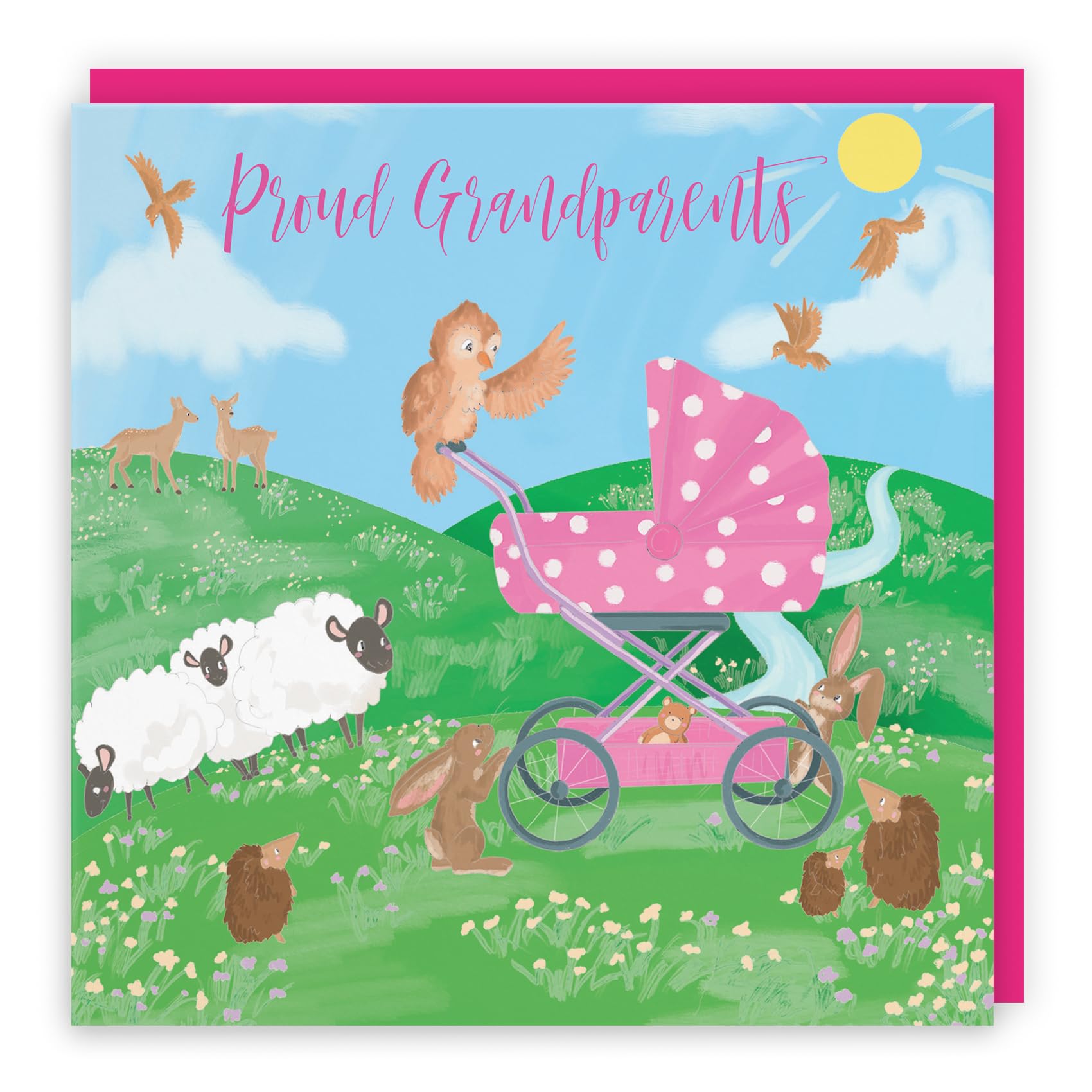 Hunts England - Proud Grandparents Cute New Baby Card - Congratulations New Grandchild Card - Newborn - Girl - Pink Pram - Countryside Collection