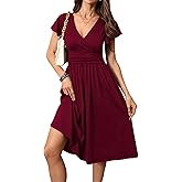 FZZOR Women's Spring Casual Ruffle Short Sleeve Wrap V-Neck A-Line Loose Fit Swing Party Work Midi Dress with Pockets