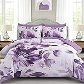 Luxudecor 7 Piece Comforter Set King Size, Purple Floral Bedding Set | Ink Painting Flower Bed in a Bag, Farmhouse Shabby Chi