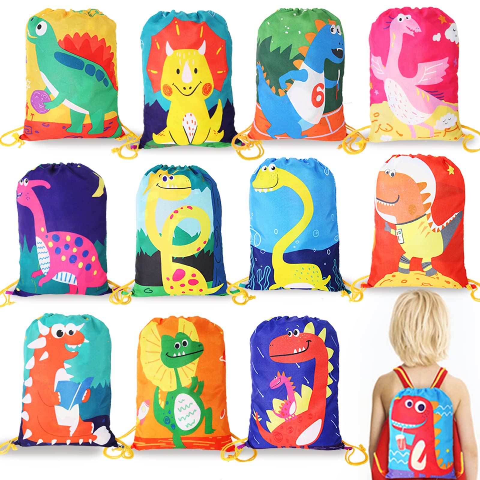 kramow 12 PCS Party Bags for Kids,Girls Boys Cartoons Dinosaur Drawstring Bags for Party Favours,Reusable Party Bags Candy Goodie Gift Bags Dino Party Supplies