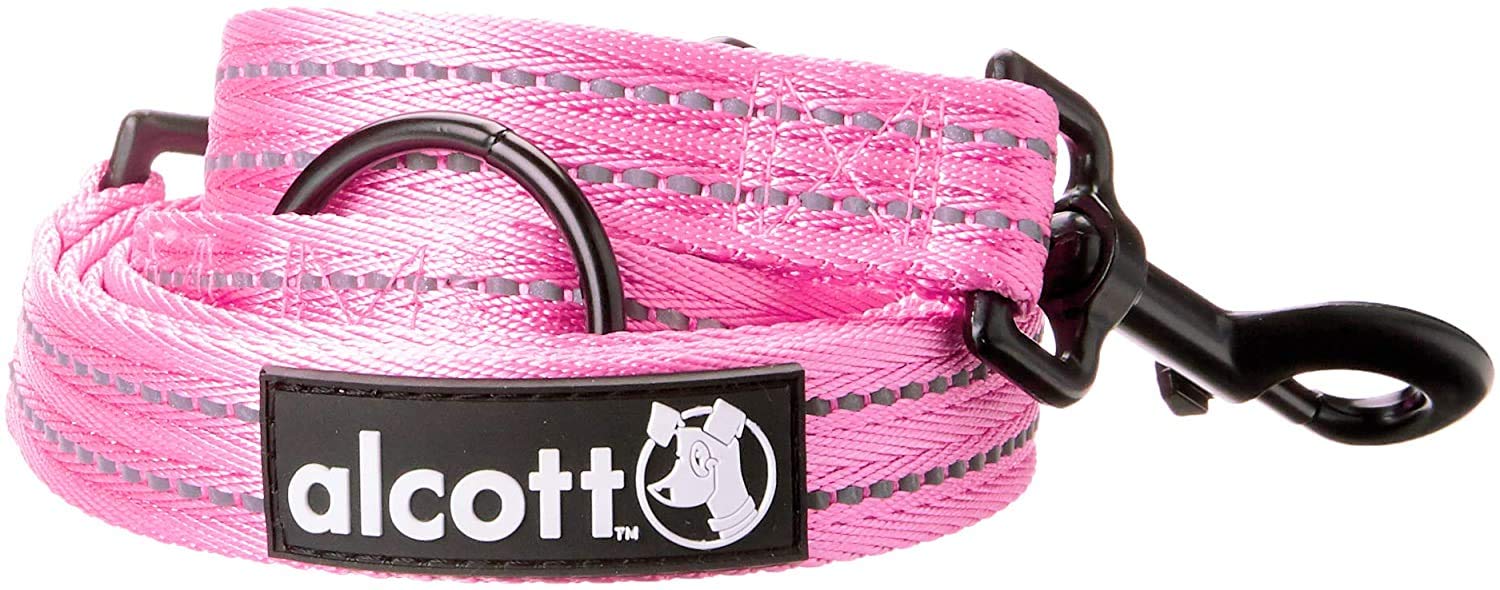 Alcott Reflective Premium Adjustable Nylon Dog Lead | 3 Adjustable Lengths + Tether & Coupler | (Large (2.5cm Width + 2m Length), Pink)