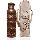 Craft Trade 100% Pure Copper Water Bottle 34 Oz – 1Liter Yoga Bottle, Ayurveda Inspired Antique Travel Vessel for Wellness, Handcrafted in Brick Pattern with Jute Carry Case, Leak-Proof, BPA-Free