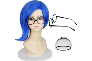 LABEAUTÉ Blue Short Wigs with Black Glasses for Girl Boy Unisex Child + Wig Cap, Kid Synthetic Wig for Costume Party + Cap