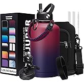 64OZ Vacuum Insulated Water Bottle - Keep Hot Cold Vacuum Flasks with Straw & Spout Lids, Paracord Handle, Water Bottler Carrier Holder & Protective Cup Mat, 1.8L Stainless Steel Water Jug