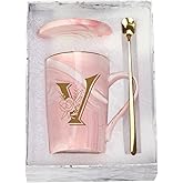 WENSSY Pink V Letter V with Flower 14 Ounce Personalized Initial Mugs, Novelty Coffee Mugs for Women, Bridal Shower Gifts, Women's Initials Gifts, 14 Ounces, Dishwasher Safe