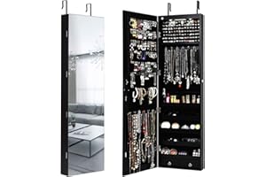 Giantex Wall Door Mounted Jewelry Armoire Cabinet with 47.5" H Full Length Mirror, 2 LEDs Lockable Jewelry Organizer Box with Bracelet Rod, 2 Drawers, Large Storage Capacity (Black)