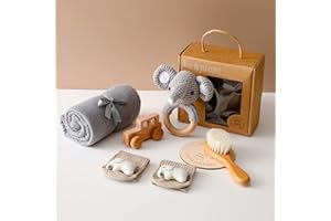 OESSUF New Born Baby Gift Basket, Baby Boys Girls Shower Gifts with Wooden Elephant Rattles, 6PCs New Born Essentials Bath Set with Baby Brush,Blanket,Milestones Cards